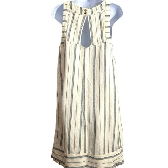 Akemi and Kin Anthropologie Women's Cream Navy Side Button Dress 6 Frayed Hem - Picture 5 of 5